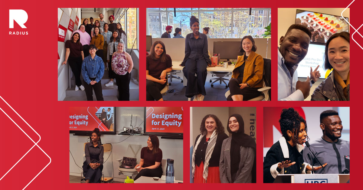Red background with collage of photos - clockwise: A group of people on ascending order on stairs, two people sitting on chairs and a person sitting on table, two people selfie photo, two people sitting on chairs looking at participants off camera, two people standing side by side, two people looking at people off camera while speaking into the mic